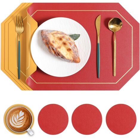 Set di 4 tovagliette in similpelle PVC resistenti al calore, lavabili e impermeabili - double-face - esterno in similpelle, include 4 sottobicchieri - antiscivolo - 43 x 30 cm (rosso + giallo)