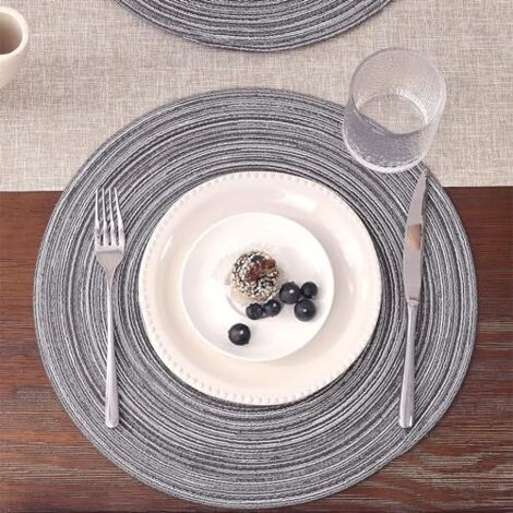 Set di 4 tovagliette rotonde intrecciate, 38 cm, in cotone, nere e grigie.