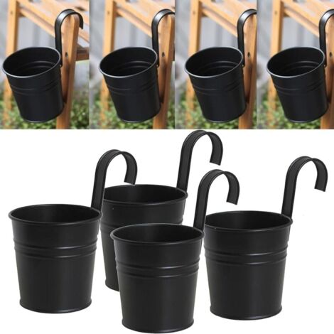 Set di 4 vasi da fiori in ferro nero con gancio rimovibile, adatti per uso interno ed esterno.