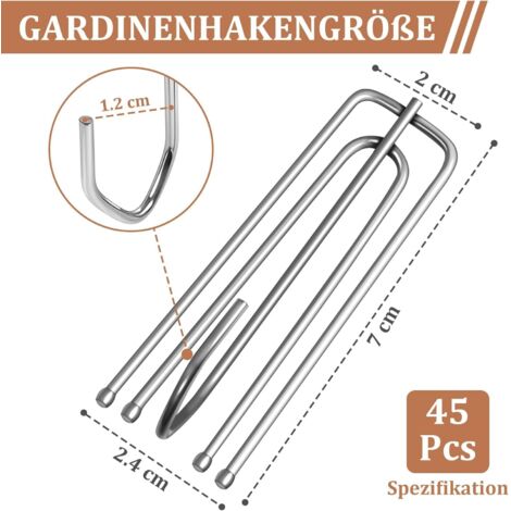 Set di 45 ganci per tende in metallo, ganci per tende in acciaio inox a 4 punte, ganci per tende plissettate, adatti per essere appesi ad anelli e binari, accessori per tende, 7x2 cm, argento.