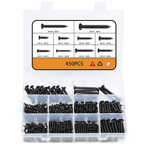 Set di 450 viti per legno nero M3 M4 M5 M6, viti autofilettanti in acciaio al carbonio ad alta durezza, set di viti a testa cilindrica con cacciavite Phillips, ossido nero, filettatura completa