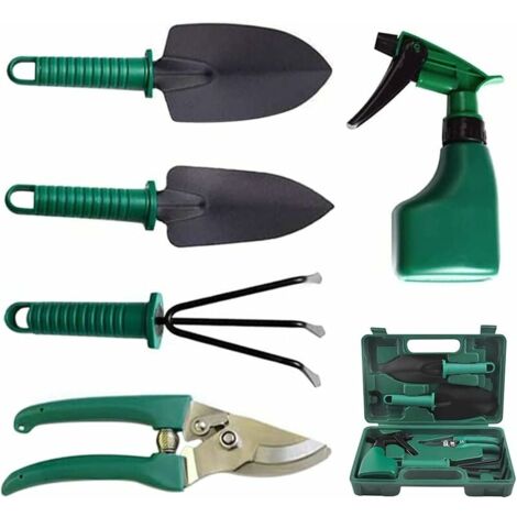 Set di 5 attrezzi da giardinaggio in acciaio inox: cesoie da potatura, pala, paletta, rastrello a mano, annaffiatoio, cassetta degli attrezzi adatto a giardinieri e appassionati di giardinaggio.