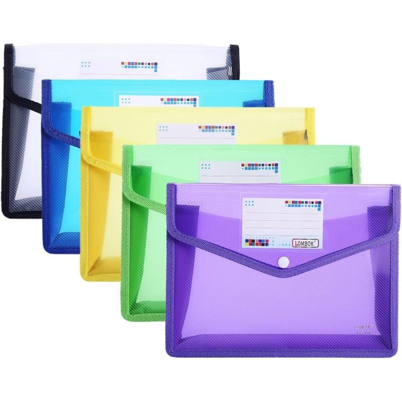 Set di 5 cartelle in plastica A5 per documenti trasparenti con chiusura a bottone per scuola, casa, ufficio