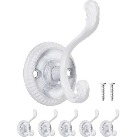 Set di 5 ganci da parete antichi, in ferro, dal design retrò, di colore bianco.