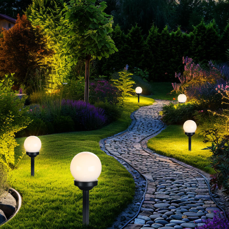 Image of Set di 5 lampade solari a led per esterni, design a sfera, luci a punta di terra, illuminazione del percorso del giardino