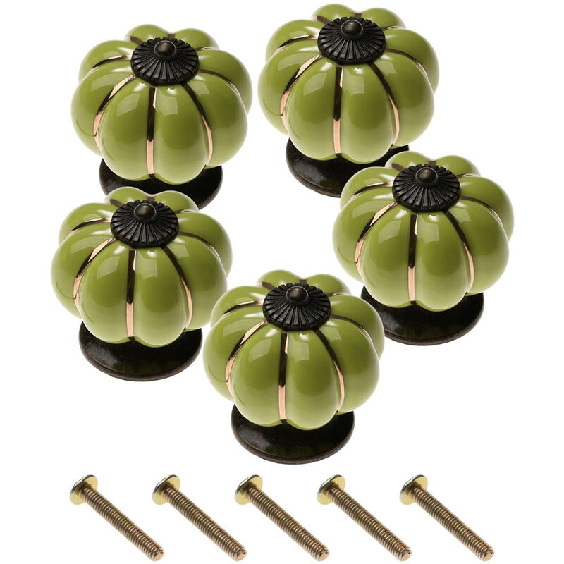 Image of Set di 5 Maniglie Porte Vintage Forma di Zucche Pomelli Mobili in Ceramica per Cassetto Armadietto Guardaroba con Viti - Verde