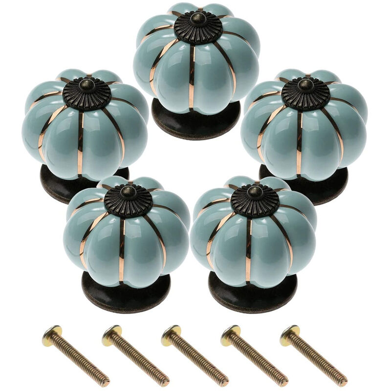 Image of Petites Ecrevisses - Set di 5 Maniglie Porte Vintage Forma di Zucche Pomelli Mobili in Ceramica per Cassetto Armadietto Guardaroba con Viti - Azzurro