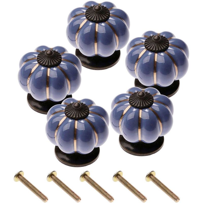 Image of Set di 5 Maniglie Porte Vintage Forma di Zucche Pomelli Mobili in Ceramica per Cassetto Armadietto Guardaroba con Viti - Blu Reale