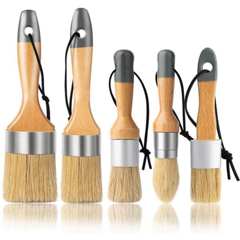 Set di 5 pennelli per pittura a gesso e cera per dipingere o cerare mobili o altri progetti, le setole naturali consentono un'applicazione della vernice uniforme e duratura