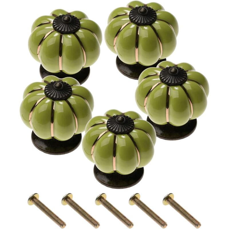 Image of 5 Pezzi Pomelli in Ceramica a Forma di Zucca, Vintage Pomelli per Cassetti Mobili per Armadi Cassettiere Guardaroba - Verde