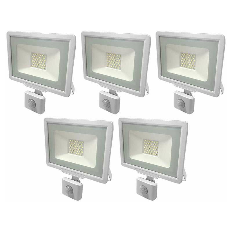 Image of Set di 5 Proiettori led Bianchi 30W (150W) con Sensore IP65 2400lm - Bianco Caldo 2700K