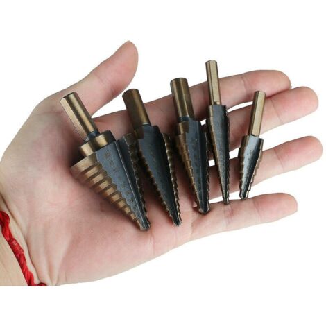 Set di 5 punte da trapano a gradini in metallo, fresa conica triangolare in titanio HSS da 5-35 mm per acciaio, legno, ottone, alluminio, PVC