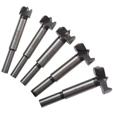 Set di 5 punte Forstner (15, 20, 25, 30 e 35 mm) per foratura e alesatura. Allungatore per fori per cerniere in acciaio (45 mm) per la lavorazione del legno.