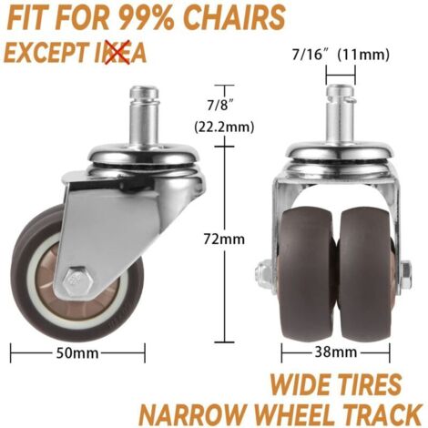 Set di 5 ruote gemellate da 50 mm per sedie da ufficio, 11 mm x 22 mm, silenziose e scorrevoli, ruote girevoli per tappeti, piastrelle e pavimenti in legno.