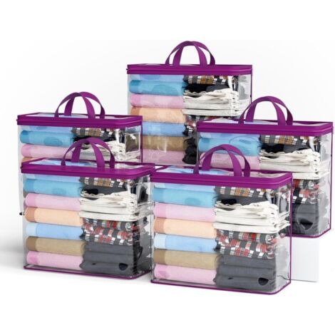 Set di 5 sacchetti trasparenti con cerniera per riporre vestiti, 22 litri, ideali per organizzare armadi, biancheria da letto, coperte, vestiti e giocattoli (viola)