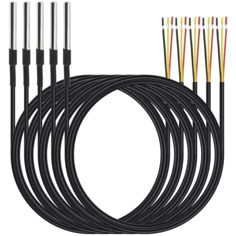 Set di 5 sonde impermeabili in acciaio inox con sensore di temperatura digitale e cavo da 1 m, con intervallo di misurazione da -55 °C a +125 °C.