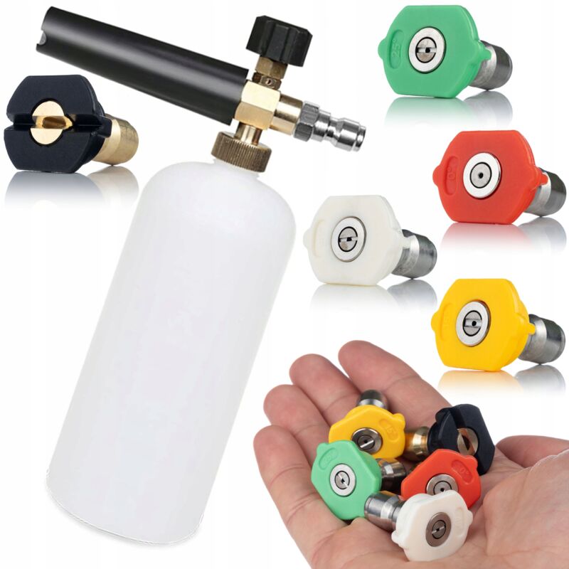 Image of Set di 5 ugelli ad attacco rapido per idropulitrice (0°, 15°, 25°, 40°, 60°) + pistola schiuma da 1000 ml per idropulitrice