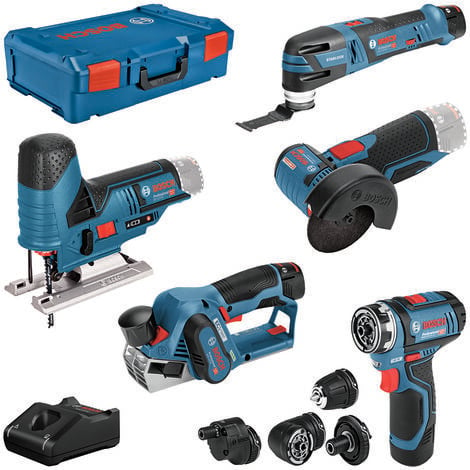 Set di 5 utensili Bosch 12V: GSR + GOP + GHO + GWS + GST + 3x GBA + GAL + XL-BOXX