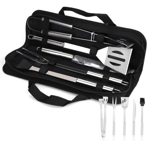 Set di 5 utensili per barbecue in acciaio inox, comprensivo di pinze, forchetta, raschietto, spazzola e sacchetto per il trasporto.