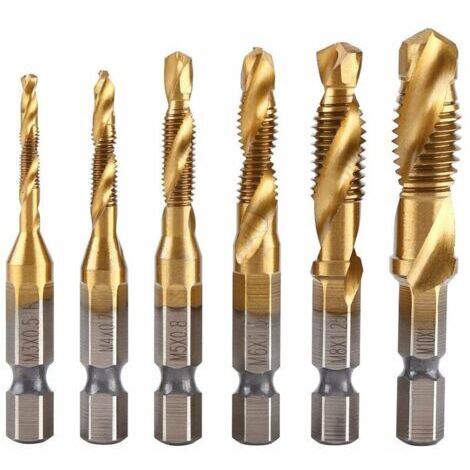 Set di 6 alesatori metrici M3-M10 in acciaio rapido ad alta lega con rivestimento in titanio inclusi alesatori per filettatura con mandrino a collo esagonale 1/4" per creare diverse filettature.