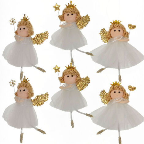 Set di 6 Angeli Ballerine Fatine bianche oro Natalizie da Appendere - Ali Dorate, Vestito in Tulle Bianco e Bacchetta Magica - Decorazioni per Albero di Natale 13 cm
