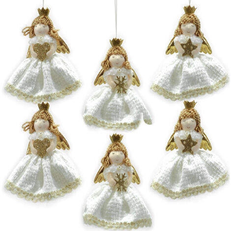 Set di 6 Angeli Ballerine Fatine con Corona - Decorazioni Natalizie in Oro e Bianco con Ali Dorate e Bacchetta - Da Appendere all'Albero di Natale - H 15 cm