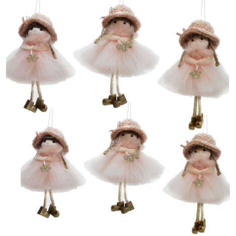 Set di 6 Bamboline da Appendere all'Albero di Natale  Con Cappello Sciarpa Pellicciosa Rosa Gonna in Tulle e Piedi Pensolanti - Decorazioni Natalizie da 17 cm