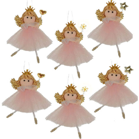 Set di 6 Bamboline Rosa Natalizie per appendere all'albero Fate e Regine con Vestiti in Organza