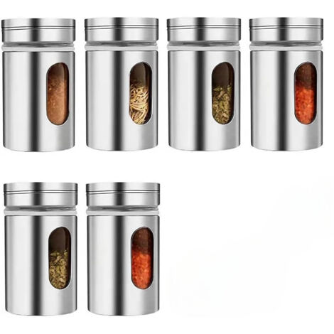 Set di 6 barattoli per spezie in acciaio inox color argento, perfetti per la cucina.
