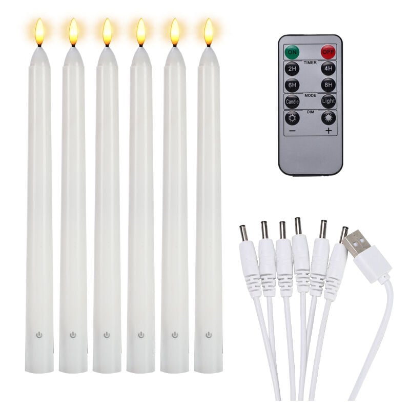 Fortuneville - Set di 6 candele led lunghe senza fiamma tremolanti con 1 telecomando, candele led ricaricabili per finestre 27 cm bianche,