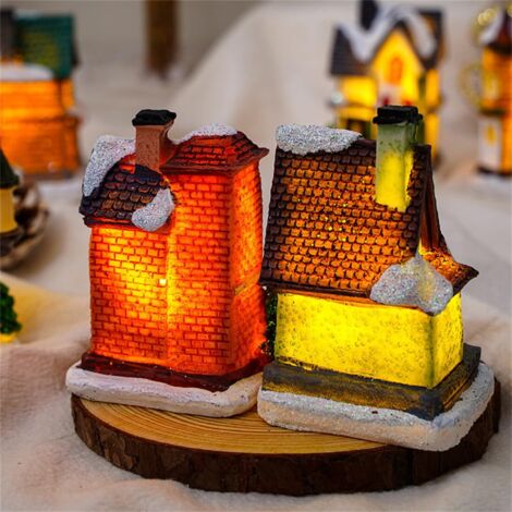 Set di 6 casette natalizie illuminate a LED con statuine, collezione villaggio natalizio, decorazione per interni