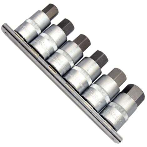 Set di 6 chiavi a bussola extra corte, con inserti esagonali da 14 – 22 mm, per viti interne esagonali da 1/2" Cr-V su listello