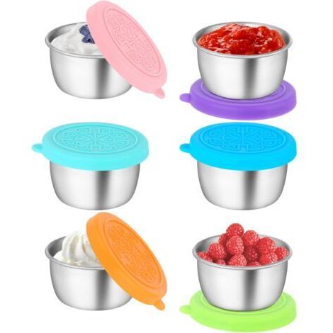 Set di 6 contenitori per condimenti per insalata con coperchi in silicone, contenitori in acciaio inox da 50 ml, contenitori per alimenti riutilizzabili e a prova di perdite per picnic e viaggi.