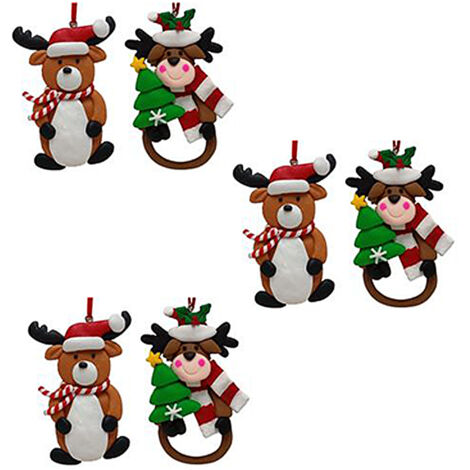 Set di 6 Decorazioni per Albero di Natale - Orsetti e Renne con Cappello Rosso h 8  addobbi