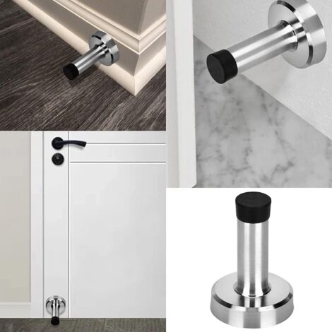 Set di 6 fermaporta autoadesivi in acciaio inox, non necessitano di foratura/vite, con cuscinetti in gomma, protezione da parete, molla, 6 cm