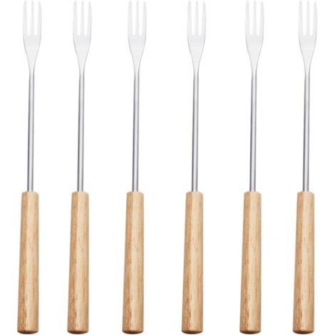 Set di 6 forchette per fonduta di formaggio, posate per fonduta in acciaio inox con manici resistenti al calore per formaggio, cioccolato, carne e marshmallow, color legno