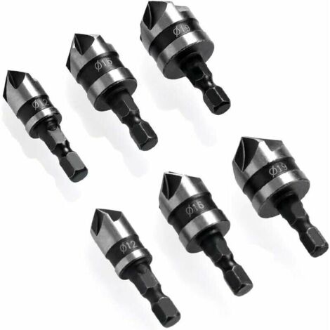 Set di 6 frese per smussatura con gambo esagonale, punta per svasatura a 90°, Ø 6-19 mm per metallo e legno.