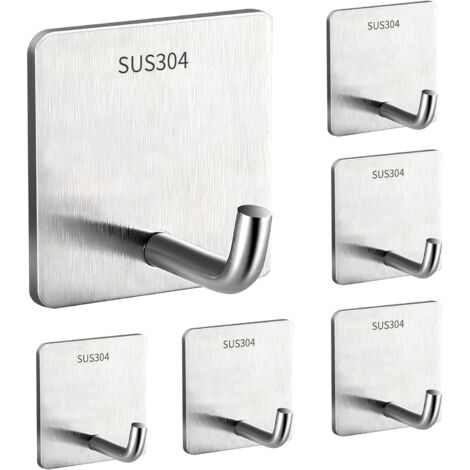 Set di 6 ganci appendiabiti autoadesivi in ​​acciaio inox. Ganci da parete autoadesivi per appendere vestiti e asciugamani. Installazione senza trapano. Adatto per bagno, ufficio e cucina.