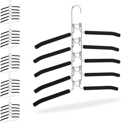 Set di 6 grucce antiscivolo salvaspazio, gruccia multi-abito a 5 posti, compatta, 39 x 40,5 x 2 cm, argento e nero