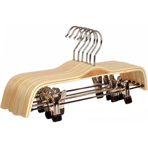 Set di 6 grucce in legno Home Authentic, di colore chiaro, robuste, per pantaloni e vestiti, con clip.