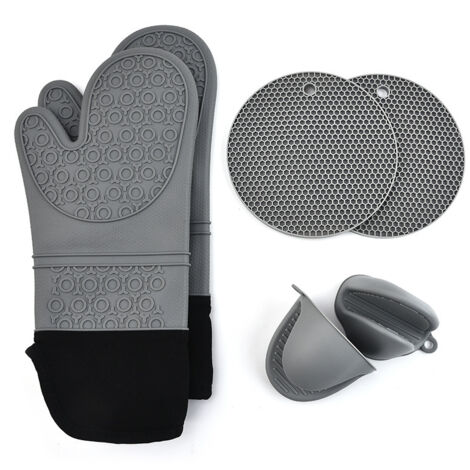 Set di 6 guanti da forno in silicone - Resistenti al calore - Antiscivolo - Con mini guanti e sottopentola - Guanti da cucina per cuocere al forno e grigliare (grigio nero)