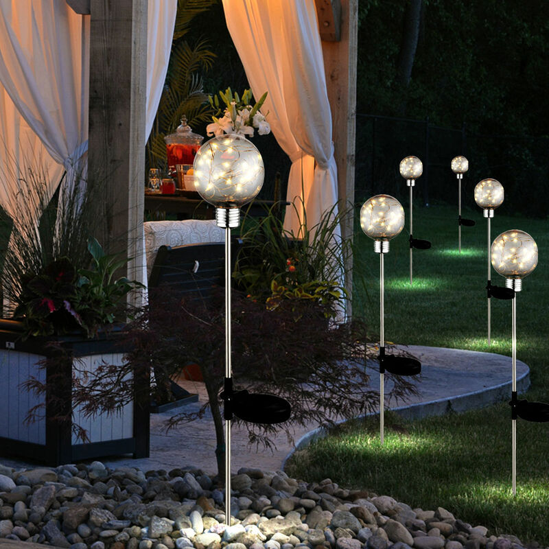 Image of Set di 6 lampade a spina a sfera a led Decorazione solare illuminazione esterna giardino cortile percorso luci picchetto a terra