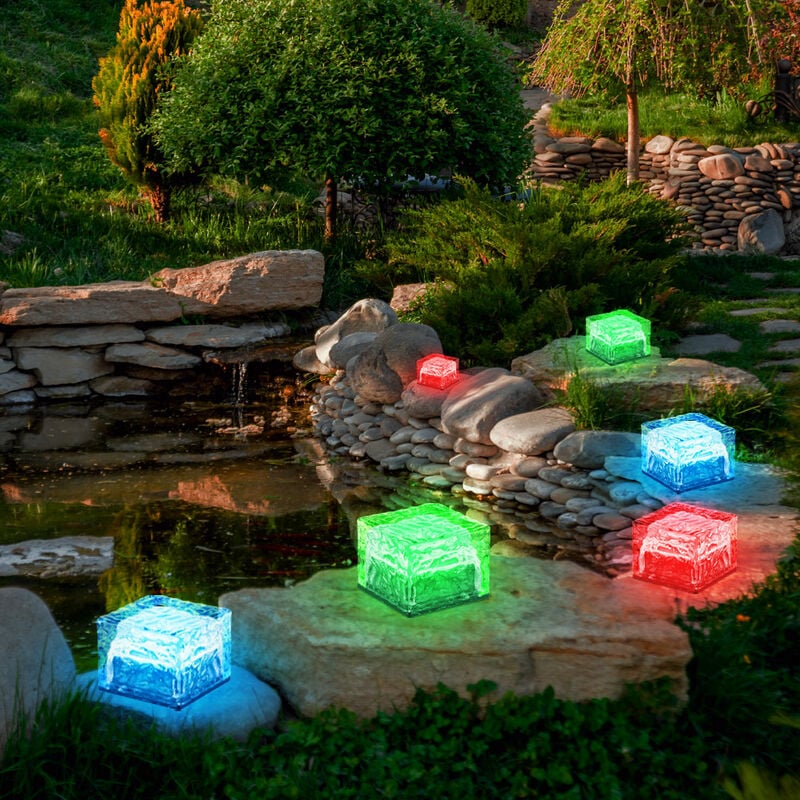 Image of Set di 6 LED RGB solare luci cambiano colore cubetti di ghiaccio in vetro ghiacciato illuminazione esterna