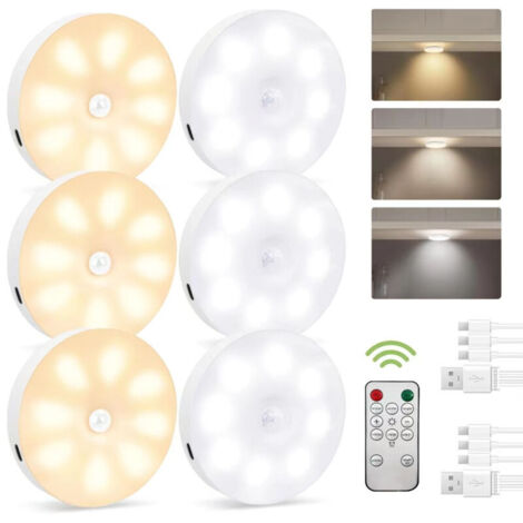Set di 6 luci notturne con sensore di movimento, lampade a LED ricaricabili tramite USB in tre colori, illuminazione interna con sensore di movimento per illuminare scale, camera da letto, cucina e so