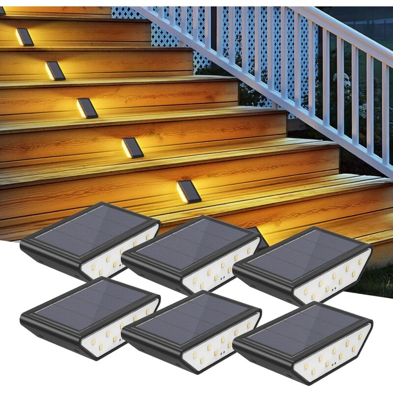 Set di 6 luci solari a LED per scale, luce bianca calda, illuminazione bifacciale, impermeabili, ideali per giardino, vialetti e patio.