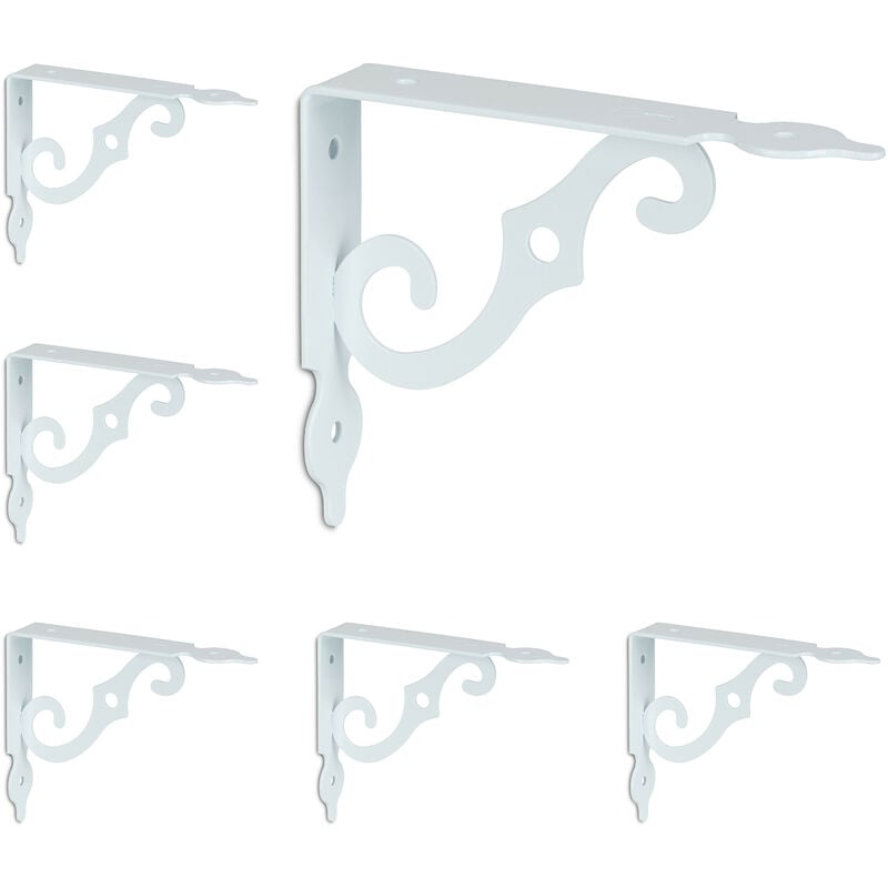 Image of Set da 6 Reggimensola da Muro, Staffe per Mensole, hlp: 11x2,5x14 cm, Supporti Angolari per Scaffali, Bianco - Relaxdays