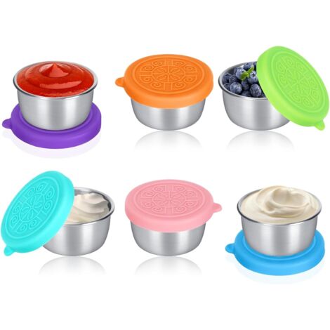 Set di 6 mini salsiere con coperchio, 50 ml, acciaio inox, contenitori per condimento per insalata con coperchi in silicone, piccoli contenitori per condimento per insalata