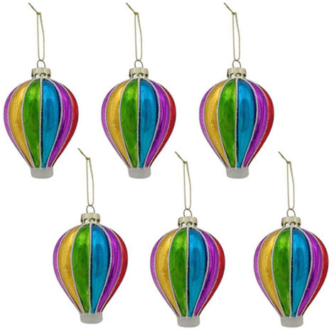 Set di 6 Mongolfiere Colorate in Vetro Soffiato - Decorazioni Natalizie da Appendere all'albero di natale multicolor da collezione eleganti