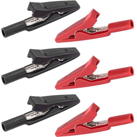 Set di 6 morsetti a coccodrillo da 41,5 mm con impugnatura in plastica rossa e nera, in ottone nichelato con manicotti isolanti rivestiti in PVC, per lavori elettrici.