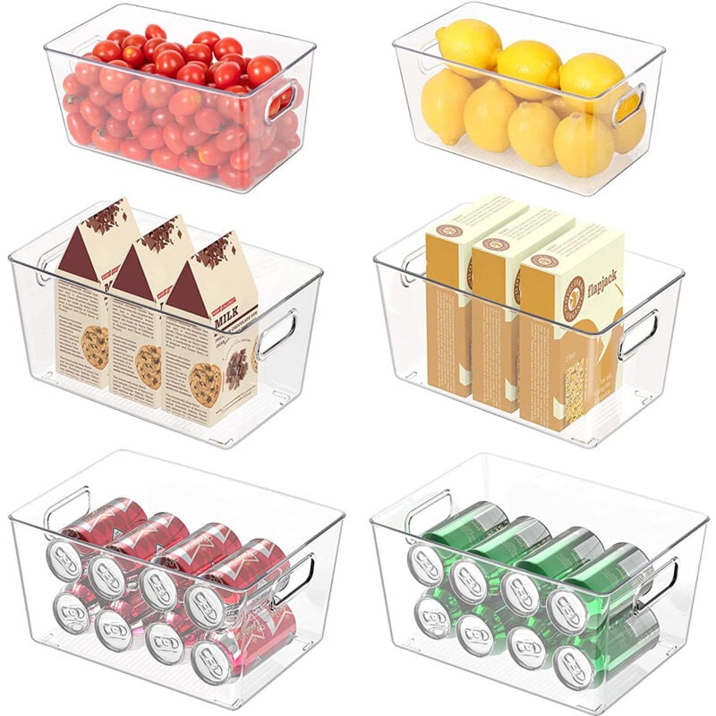 Sinbinta - Set di 6 Organizer per Frigorifero (3 taglie), organizer da cucina, Organizer Frigo Impilabili con Maniglia per Cucina, Ripiani, Bagno